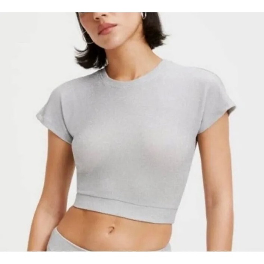 Good American Womens 0 Crop Top Silver Metallic Short Sleeve Slim Fit Y2K NWT